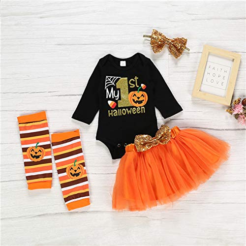 Baby Girls Halloween Outfits Costume My 1St Halloween Romper+ Tutu Skirt+ Striated Leg Warmer+ Bunny Headband 4Pcs Outfit Set (Black, 3-6 Months) #TOP2