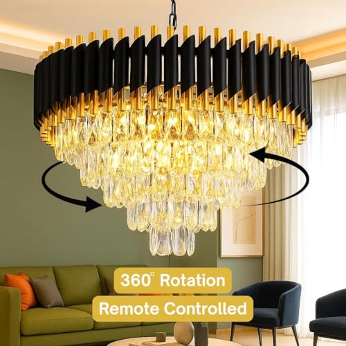 Image of NOZZ Modern Crystal Chandeliers with Ceiling Light Fixture for Living Room Bedroom and Hallway (Black Gold Moving, 600MM)