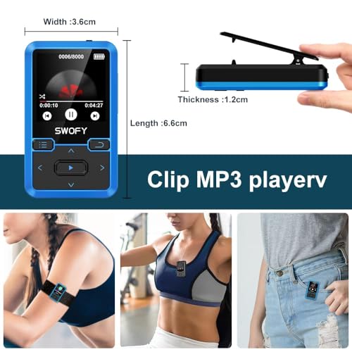 Image of 32GB MP3 Player with Bluetooth 5.0 - Portable Clip Music Player with FM Radio, Voice Recorder, Pedometer, Mini Design Ideal for Sport, Earphones Included Blue