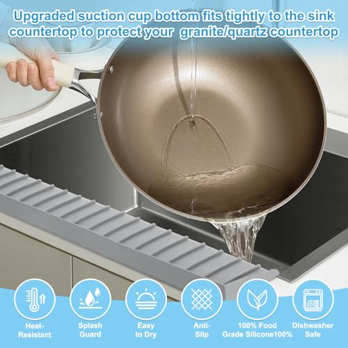 Image of Silicone Sink Edge Protectors 4 inch x 24 inch, Upgrade Kitchen Sink Splash Guards With Suction Cup, Splash Guard For Bathtub Sink, Countertop Protectors For Quartz Kitchen Sink(Gray)