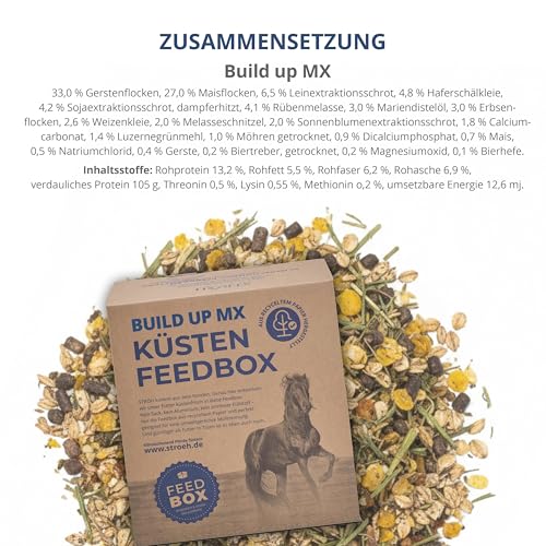 STRÖH Küsten Build up MX (30 kg Feedbox) • Hochwertiges Aufbaumüsli • Ideal für Sport- & Turnierpferde • Pferde Müsli mit Vitamin E, A, B12, D3, Biotin, etc. • Pferdefutter Müsli