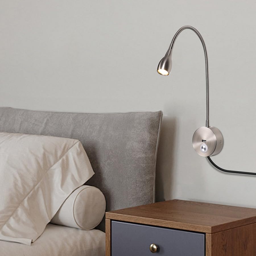 Image of LED Reading Lamp 3W Warm White 3000K Touch Switch USB A Charger for Reading Books Plug Cord 1 Piece (US028-NK)