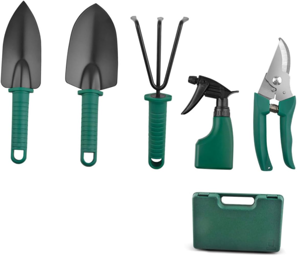 SEWACC Garden Tool Set with Gardening Shovels and Rake, 5pcs Portable Hand Tools for Planting and Pruning, Steel Construction with Carrying Case for Outdoor Gardening and Landscaping