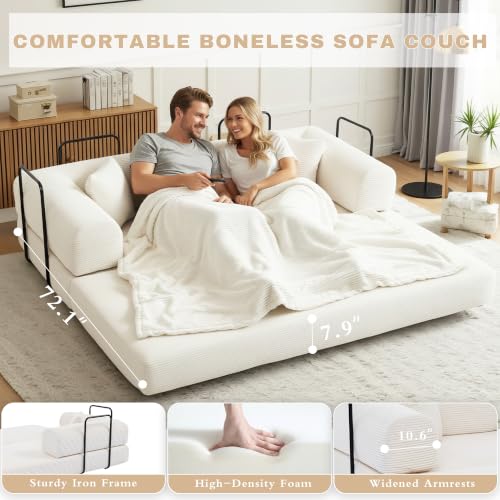 Image of 80 Inch Multi-Functional Convertible Sofa Bed, Fixed Shape Frame, High Density Foam with Corduroy, Easy Assembly, for Living Room and Bedroom. (Beige)