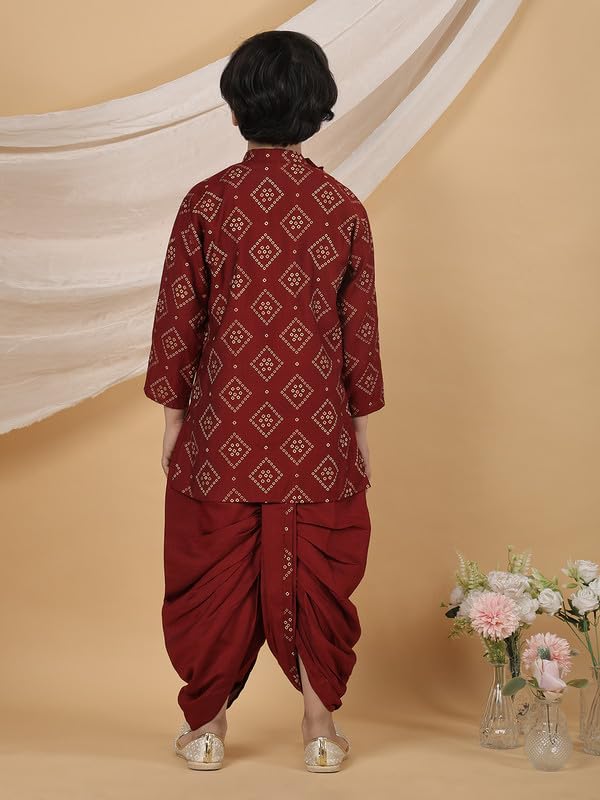 Image of superminis Boy's Golden Foil Printed Side Open Cotton Kurta, Round Collar, Full Sleeves Ethnic Wear Dhoti Kurta Set