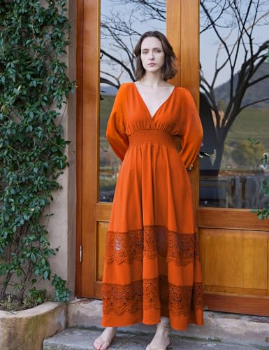 Image of Olaesa Long Sleeve Boho Maxi Dress for Women Lace Wedding Guest Dress | Spring Fall Bohemian Dress, Long Flowy Family Photo Dress with Pockets, V Neck Long Western Vacation Outfits