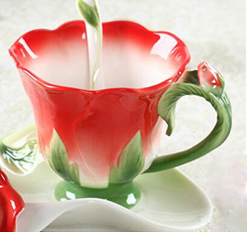 Ybk Tech Creative 3D Rose Bone China Ceramic Coffee Mugs Afternoon Tea Cup And Saucer Set (Red) #TOP2