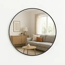 Espelho Adnet Redondo Com Borda Decorativo Couro Suporte Fixação Quarto Escritório Banheiro Sala 60cm (Preto, 60cm)