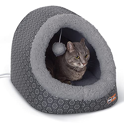K&H Pet Products Thermo-Pet Cave Heated Cat Bed – Gray/Geo Flower 17 X 15 X 13 Inches
