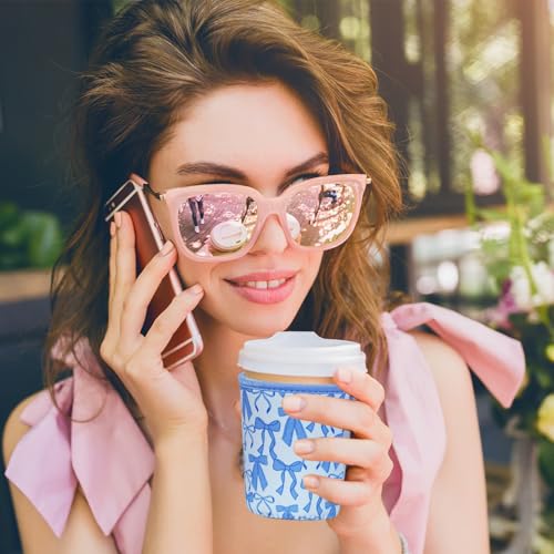 Image of Reusable Insulated Sleeve for Iced Coffee Cup, Coffee Neoprene Sleeve for Cold & Hot Drinks, Beverage Holder for Iced Coffee (Blue Bows, Large: 32oz)