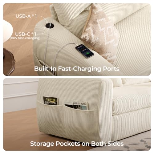Image of 88.6 inch Modern Storage Loveseat Sofa, Small Couches for Living Room, Beige | Corduroy, USB Charging, Pull-Out Storage, Deep Seat, Comfy Love Seat for Small Spaces, Apartment, Bedroom, Dorm, Office