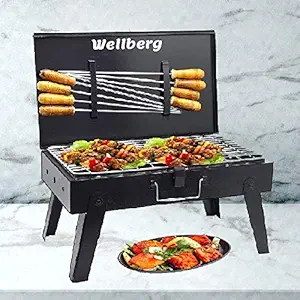 Wellberg Briefcase Charcoal Barbecue Grill with 8 skewers, 1 Grill, 1 Tong