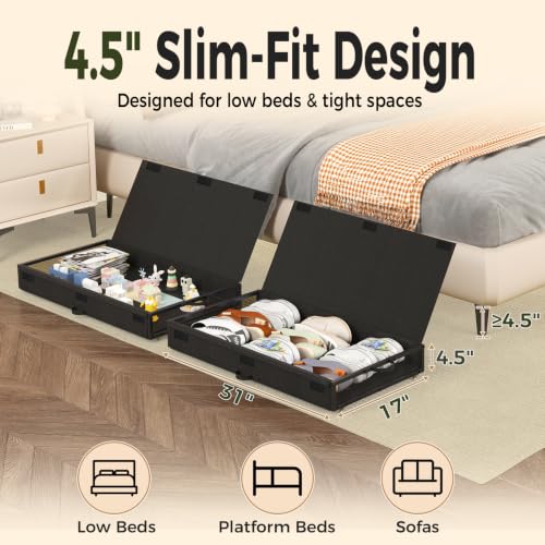 Image of Fokyfok 2 Pack Under Bed Storage with Wheels 4.5 inch Height | Metal Frame,Lid,Rolling Slim Under Bed Drawers for Shoes,Clothes and Toys,Shallow Underbed Storage,Under Couch Storage,Black