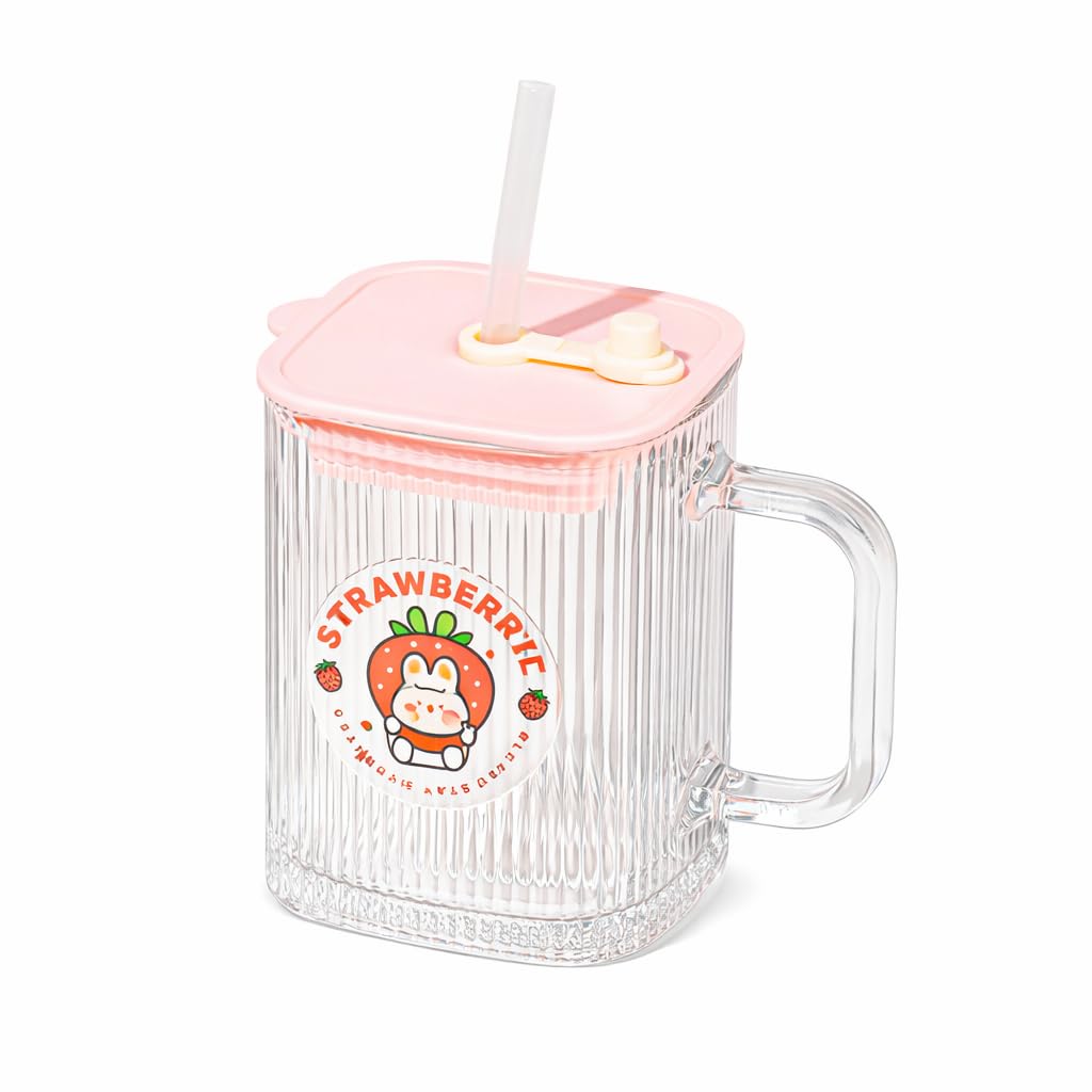 KiKiluxxa Kids Glass Sipper Mug with Lid & Straw | 420 ml Random Color & Design | BPA Free Acrylic Lid, Silicone Straw | Cute Drinking Mug for Juice, Milk, Water | Gift for Kids