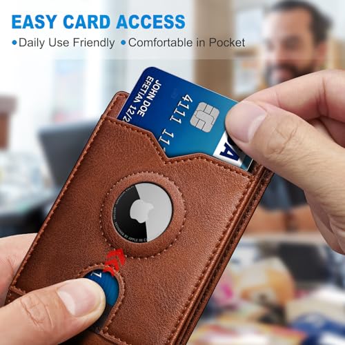 Image of miyozi AirTag Wallet for Men, Slim Leather Bifold with Holder Slot, 2 ID Windows & 13 Card Slots, RFID Blocking Front Pocket Wallet with Gift Box