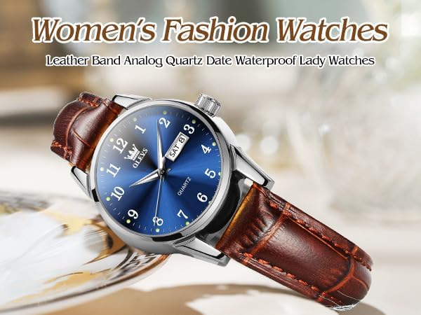 OLEVS Womens Leather Watch, Brown Womens Watches Leather Band Waterproof Analog Dainty Womens Ladies Watch for Small Wrists, Easy Read Luxury Dress Watches for Women Arabic Numbers White/Blue/Black - Image 2