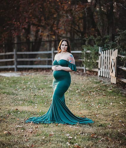 Saslax Off Shoulder Ruffle Sleeves Elegant Fitted Maxi Maternity Dress For Photoshoot Baby Shower, Dark Green Large #TOP1