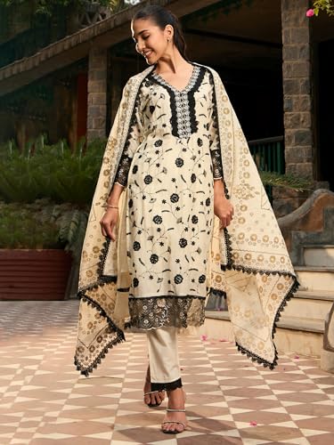 Image of INDO ERA Women's Embroidered Pure Cotton Calf Length Straight Kurta Pant With Dupatta