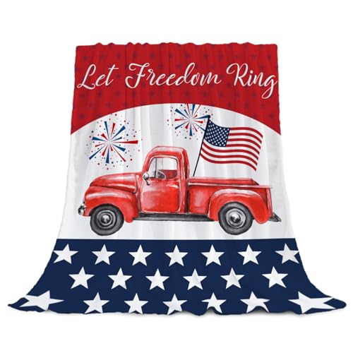 Image of YeeJu Patriotic Throw Blanket Queen Size Big 4th of July Memorial Day Fourth of July Blanket Bed Couch Soft Fleece Blanket Stars and Stripes Red White Blue American Flag Veteran Blanket 90x90