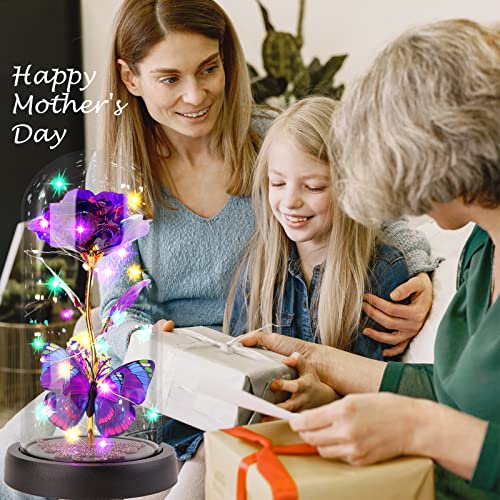 Mothers Day Rose Gifts For Mom, Galaxy Butterfly Rose In Glass Dome Light Up Artificial Flower Rose Birthday Gifts For Women Grandma, Eternal Glass Rose Gift For Her Anniversary Wedding(Purple) #TOP1