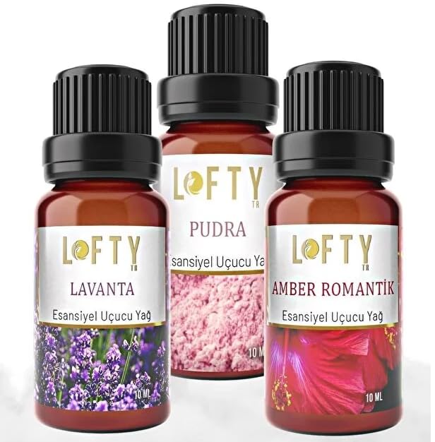 LOFTY Esansiyel Uçucu Yağ Seti, Lavanta Amber Pudra, Aromaterapi Difüzör, 3x10ml, Doğal Saf Yağlar