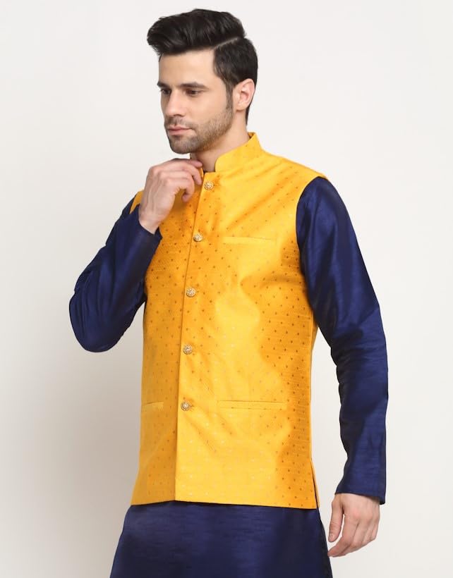 Image of KRAFT INDIA Polka Dot Silk Nehru Jacket Only in Yellow Color S, Ethnic Traditional Wear