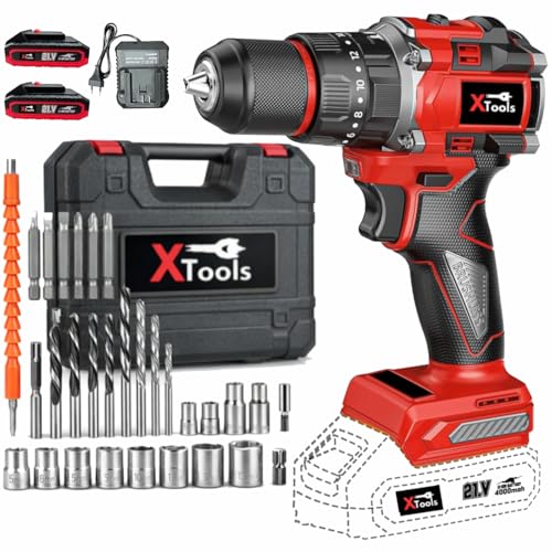 Image of XTOOLS 21V Cordless Impact Drill | 2-Speed Brushless Motor | 10mm Metal Chuck, LED Light | Heavy-Duty for Wood, Brick & Metal | Includes 2 Batteries & Charger