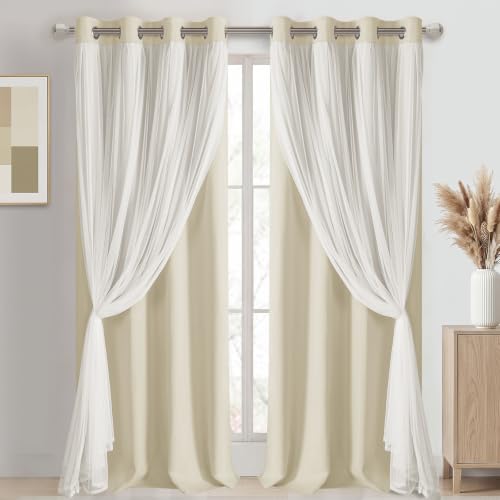 Image of DWCN Blackout Curtains with Sheer Overlay 96 Inch Long, Light Beige, 2PCS