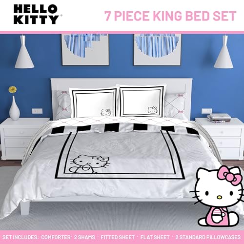 Image of Sanrio Hello Kitty King Comforter Set 7 Piece Bedding for Girls, White