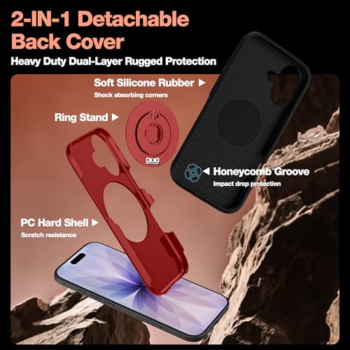 Flyzoo Armor Magnetic Stand Case for iPhone 17 - with 360° Rotatable Ring Kickstand Holder [Compatible with MagSafe] [Military Grade Drop Protection] Heavy Duty Shockproof Cover 6.3", Red by Flyzoo - Used condition - Image 7