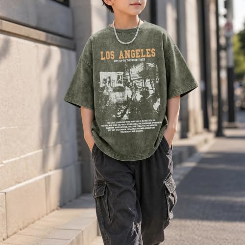 Image of Oversized Boys Graphic Tees Acid Wash Los Angeles Tshirt Youth Cotton T Shirt Crewneck Tee Kids Short Sleeve Tops