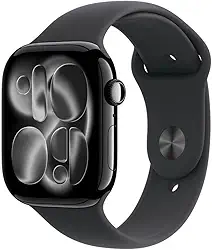 Apple Watch Series 11 GPS, Caixa em alumínio preto brilhante de 46 mm com Bracelete desportiva preta - M/G