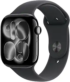 Apple Watch Series 11 GPS, Caixa em alumínio preto brilhante de 46 mm com Bracelete desportiva preta - M/G