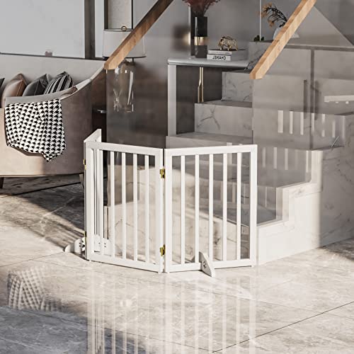 Semiocthome Wooden Dog Gates For The House 24"H Expandable Doggy Gates For Doorways 55"W Free Standing Pet Gate With 2 Support Feet For Stairs 3 Panels Dog Barriers For Home No Installation Resquired #TOP1