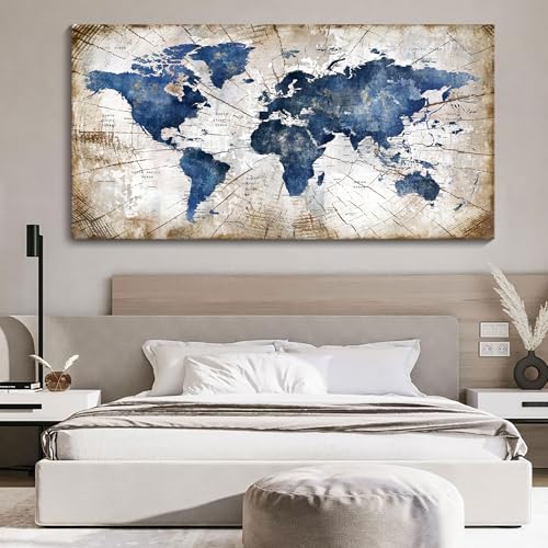Image of World Map Canvas Wall Art Abstract Navy World Maps for Wall Vintage Modern Wall Art for Office Framed Pictures for Living Room Bedroom Wall Decoration for Home Office Decor Artwork for Walls 29x58IN