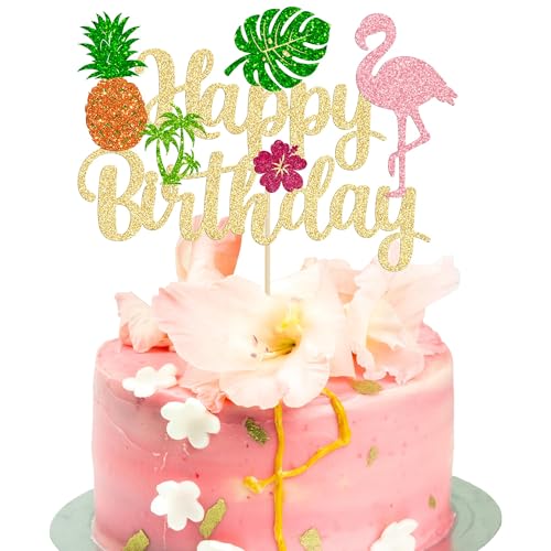 DIELOVEHUA Decorações para bolo havaiano, ornamentos para bolos de flamingo, ananás folha de palma, Cupcake Topper, para tropical Hawaiian Luau verão praia casamento aniversários festas