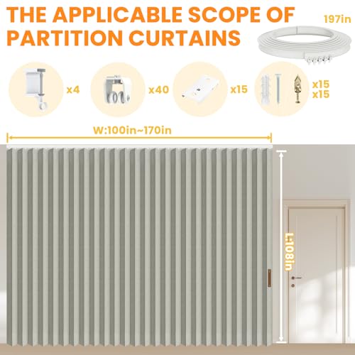 Image of Room Divider Curtain Sets with Flexible Ceiling Track, Privacy Soundproof Curtain for Bedroom Office Patio Sliding Door(Grey, W180 x L108, 1 Pack)