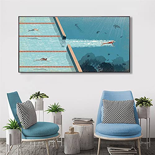 Art mural nageur océan toile de 50x100 cm peinture abstraite pour salon