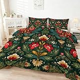 Bettwäsche 200 x 220 cm Weihnachten Pflanzen Blumen, Wendbar Bedruckt 3-teiliges Bettwäsche-Set mit Reißverschluss, Grün Mikrofaser Pflegeleicht Bettbezug Set