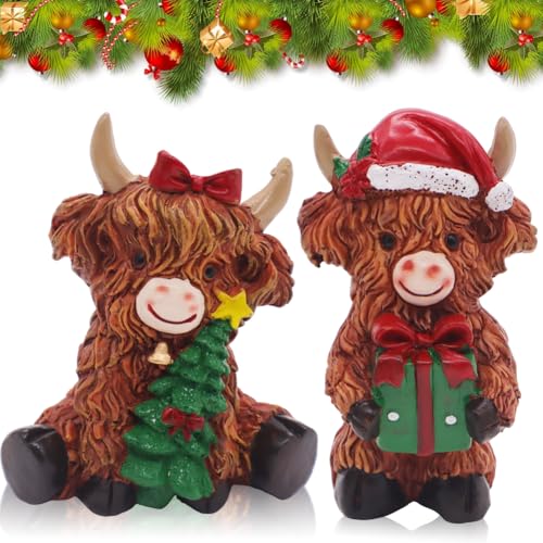 PixelPlush 2Pcs Christmas Highland Cow Figurines, Resin Xmas Cow Statues with Santa Hat & Gift Merry Sign, Festive Farmhouse Decor for Home, Garden, Christmas, Ideal Ornaments Set Brown