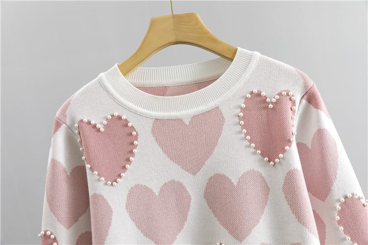 Conjuntos 2 Piezas para Mujer para Salir, Suéter Punto con Corazón Y Cuentas De Cuello Redondo Rosa, Pantalones Jogging Elásticos con Bolsillos, Conjuntos De Ropa Deportiva Informal O