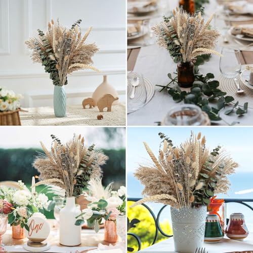 100 STK Pampasgras Deko, Boho Pampas Gras Trockenblumen Natürliche Schilfblume Getrocknete Eukalyptus Lavendel Blumenstrauß Boho für Wohnzimmer Home Hochzeit Esszimmertisch Deko