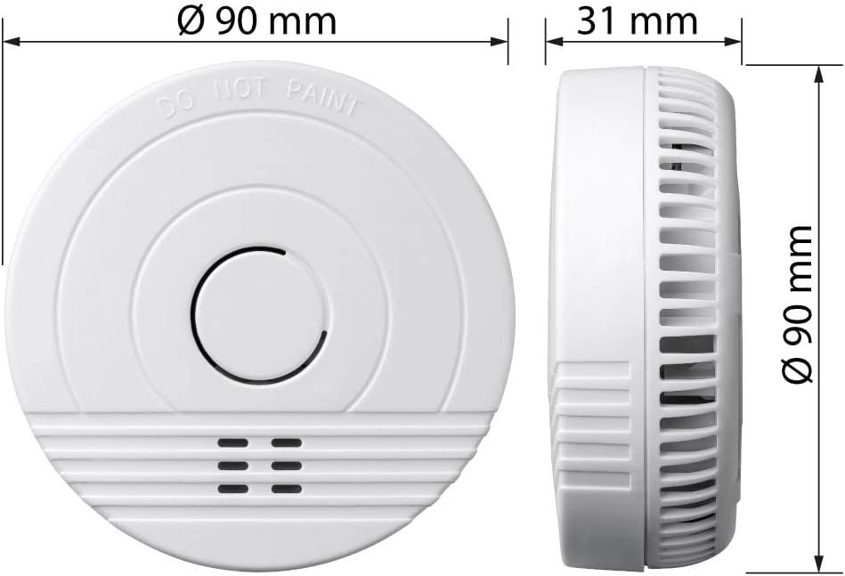 Diagram showing the front and side dimensions of the SEBSON GS536GC smoke detector, with a diameter of 90mm and a height of 31mm.