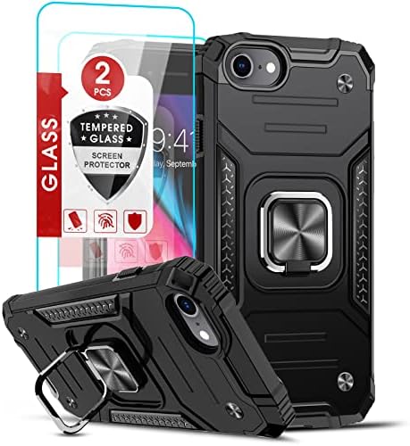 LeYi for iPhone SE 2022 Case (3rd Gen), iPhone 8/7/SE 2020/6s/6 Case with [2 x Glass Screen Protector for Men, [Military-Grade] Protective Phone Cover Case with Ring Kickstand for iPhone 8/7/6S, Black