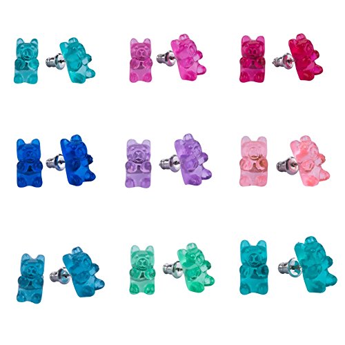 Earrings Set for Little Girls, Handmade Colorful Gummy Bear Stud Earrings for Kids Children Jewelry Set Of 9