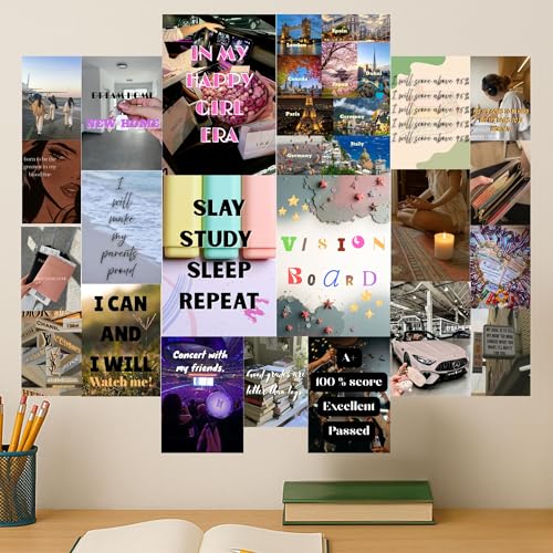Image of Vision Board 2026 Aesthetic Poster Kit | Set of 21 Motivational & Study Quotes Posters | 300 GSM Premium Prints + Wall-Friendly Tape | Girl Room Decor, Study Wall Art, Self-Growth Aesthetic