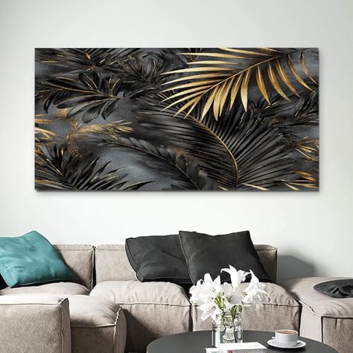 Tableau abstrait moderne noir et or 50x100 cm sans cadre pour salon