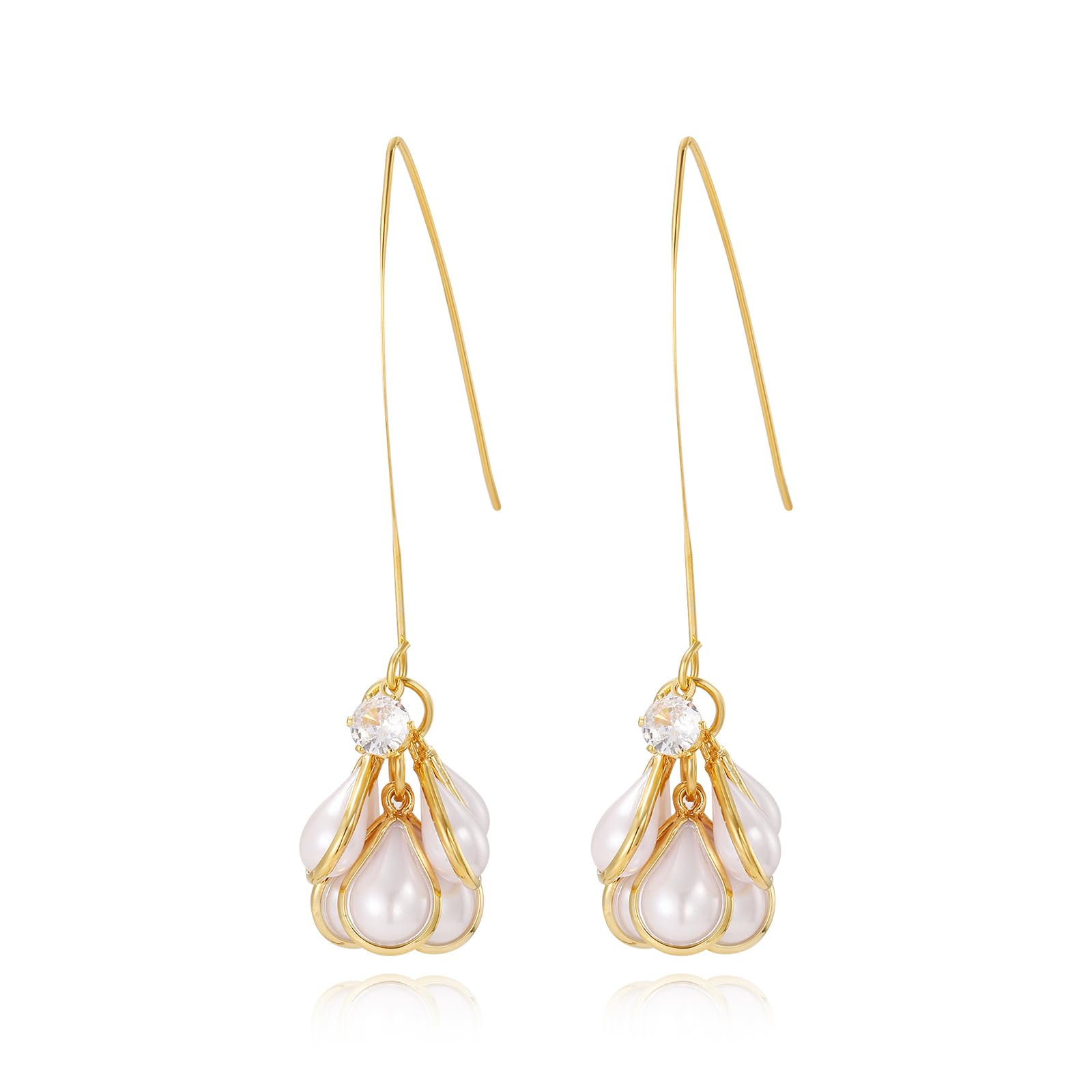 WASAIE Handmade Bohemian Large Floral Flower Teardrop Pearl Dangle Drop Earrings,Unique Metal Petal Flower Jewelry Statement Trendy Earrings for Women