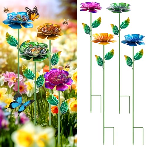 4 Pack Bee Watering Station Metal Bee Feeder with Glass Marbles Flower Design Bee Butterfly Watering Station Bee Waterer for Outdoor Garden Courtyard Decors