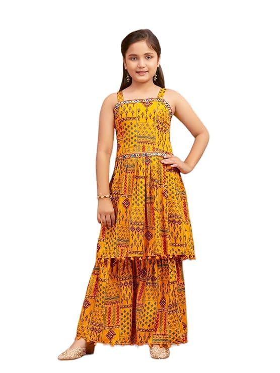 Girls' Printed Sleeveless Maxi Dress, Yellow and Red Ethnic Wear Mirror Lace Polyester Kurti Sharara Set